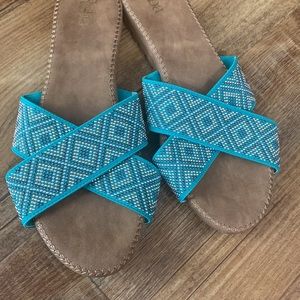 Reba Nell Turquoise Cross Band Silver & gold Beaded Slide Sandals size 8